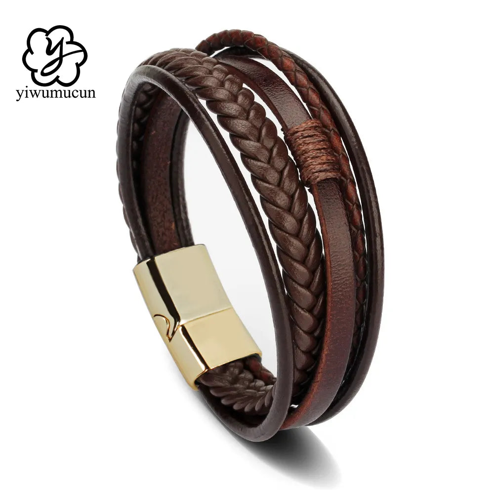 Bracelets For Men Trendy Leather Stainless Steel 21CM Multilayer Braided Rope