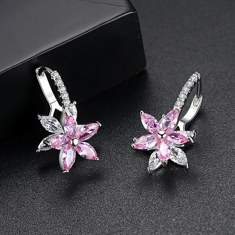 Earrings For Women Girls Luxury Cubic Zircon Rainbow CZ Stones Flower Hoop Earrings New Trend Gift Party Jewelry