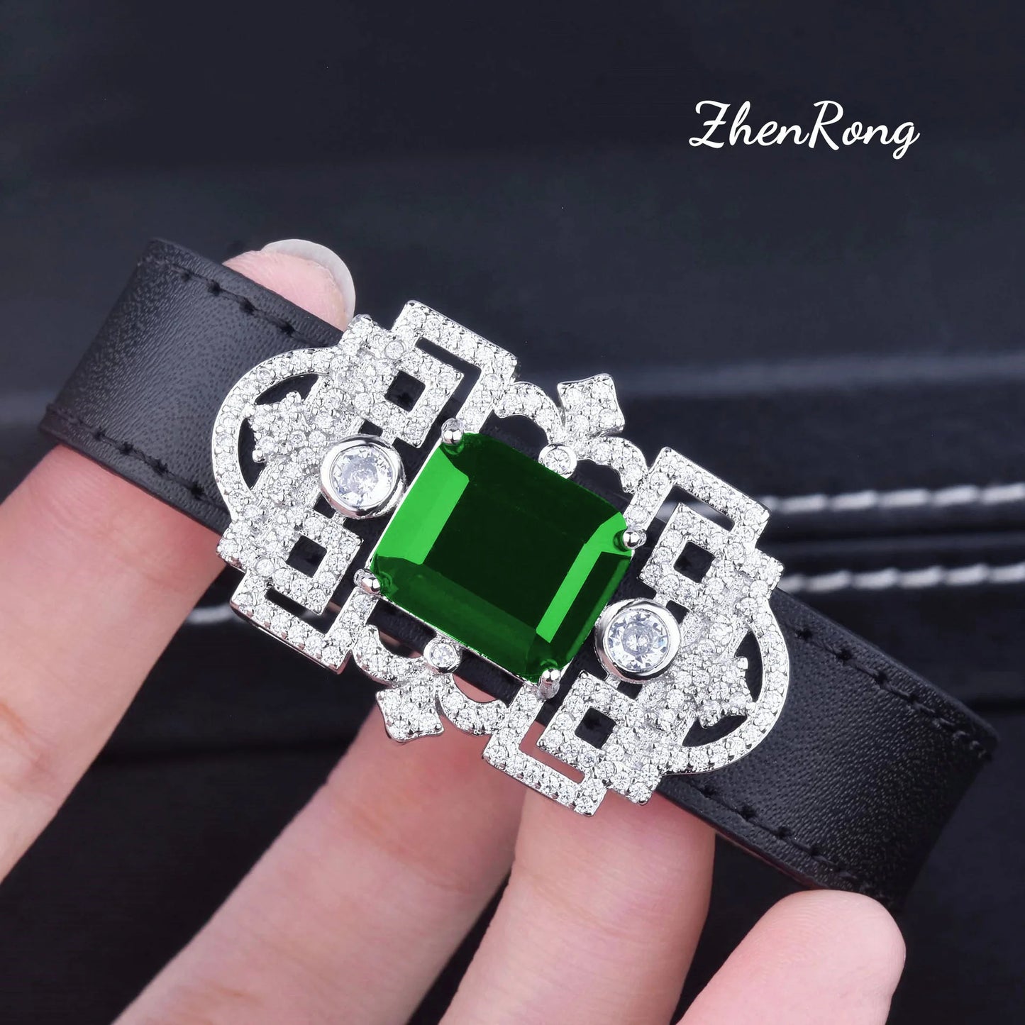 Bracelet Necklaces Pendant Jewelry Women Artificial Emerald Choker Wristband Collar  Inlaid Zircon Leather Belt