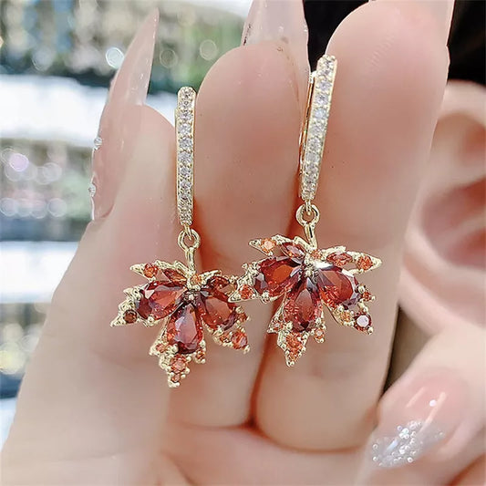 Earrings for Women Crystal Temperament Rhinestone Zircon French Vintage Red Maple Leaf  Tassel Earrings Party Jewelry Gift