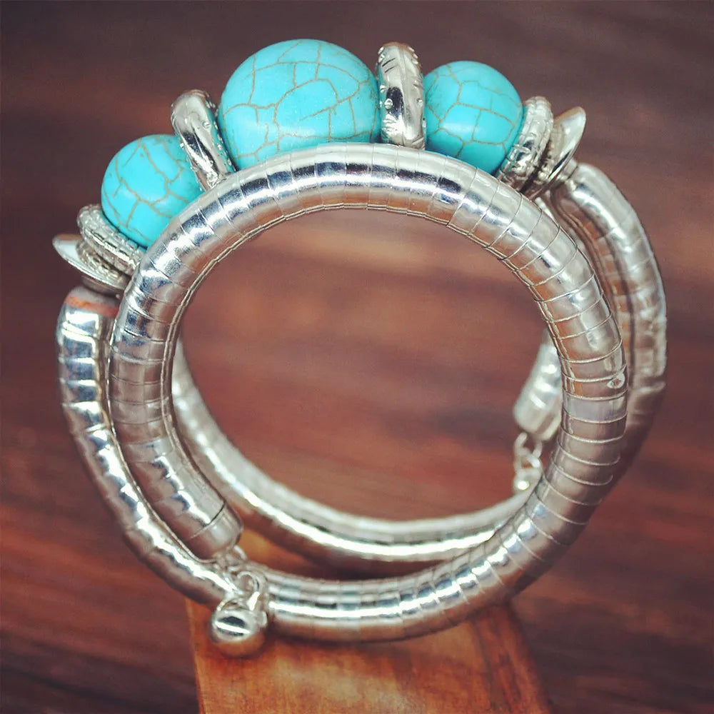 Bangle Bracelets For Women 2023 New Fashion Turquoise Snake Vintage Multilayer Metal Ethnic Jewelry