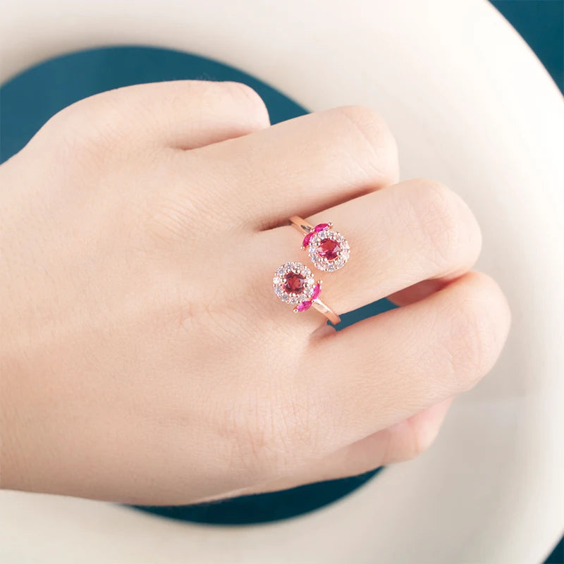 Ring With Shiny Bling Garnet Ruby Flower Shaped Gemstone Adjustable 925 Sterling Silver for Women