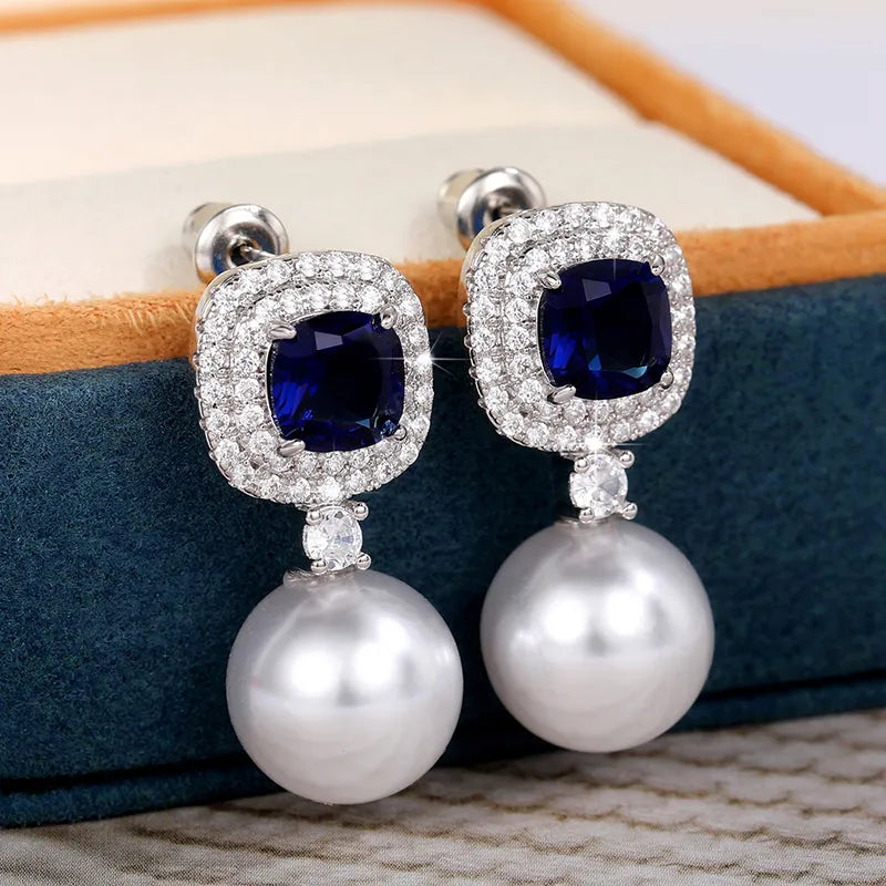 Earrings Women Gorgeous Blue Cubic Zirconia Imitation Pearl for Engagement Wedding Party Temperament Elegant Ear Jewelry