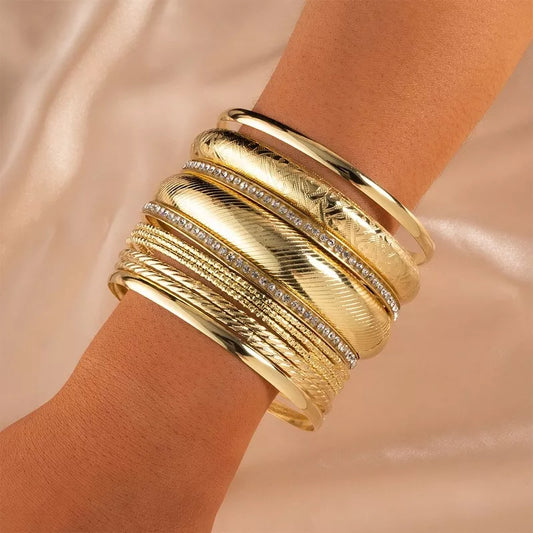 Bangle Bracelet Set Luxury Gold Color Bohemian Multi-layer Geometric Crystal Pearls Fashion Jewelry