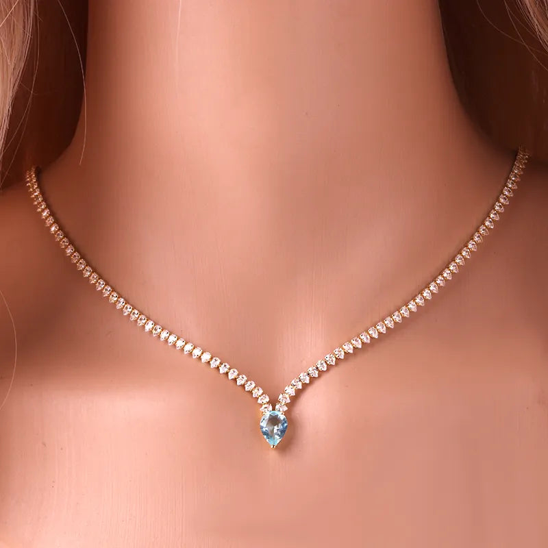 Necklace for Women High Quality Iced Out Chain Water Drop Cubic Zirconia Light Blue 18K Gold Plated Bridal Wedding Party Jewelry