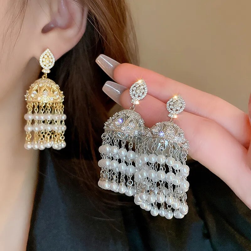 Earrings Zircon  Golden Birdcage Pearl Fashion Retro Tassel Lantern Design Women