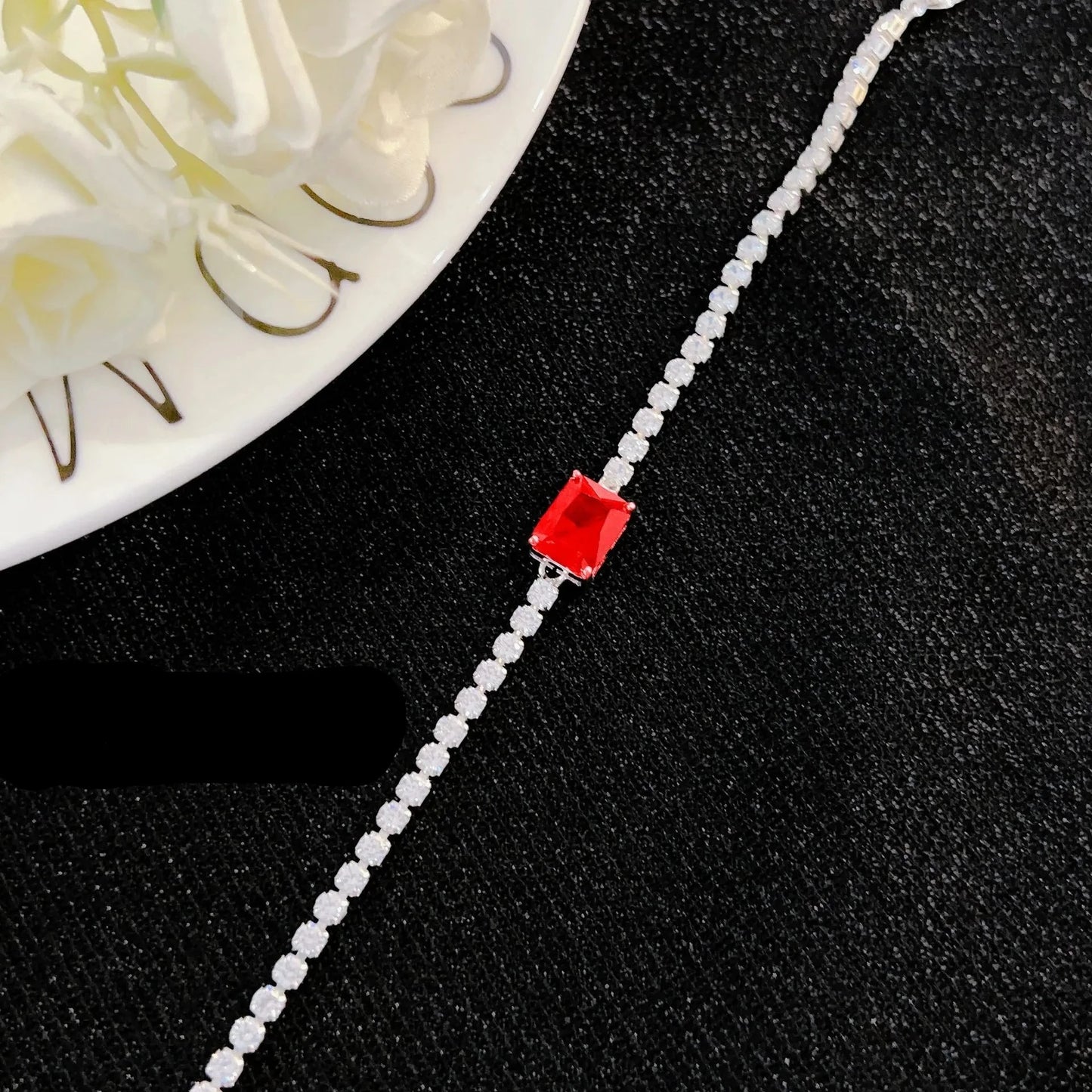 Bracelets For Women Luxury Elegant  Fashion Simulation Square Emerald Ruby Silver Color Chain Bracelet Party Gift Jewelry