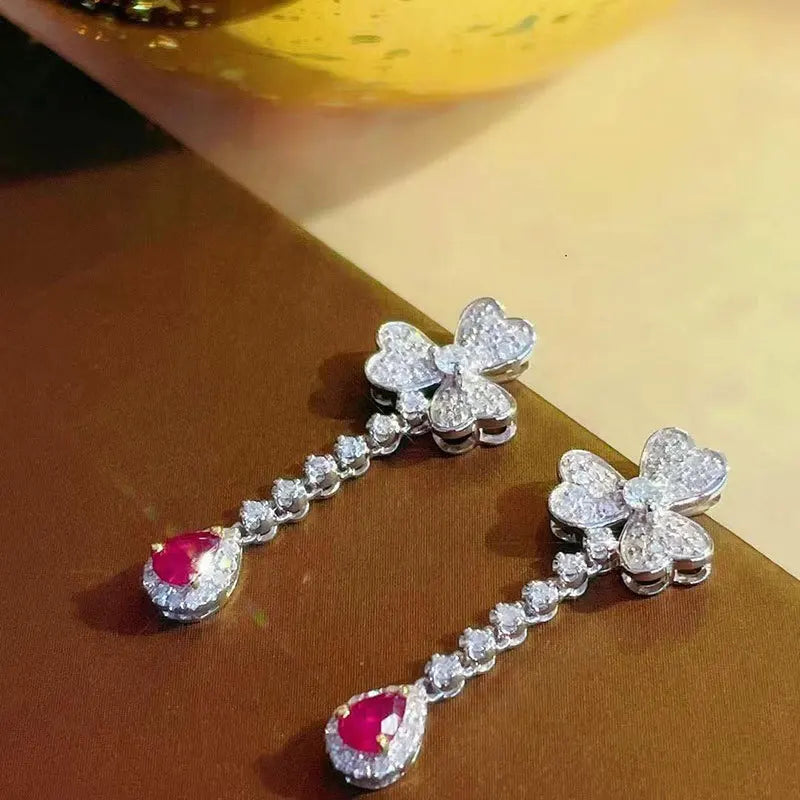 Earrings Dangling with AAA Zircon Stone 925 Silver Drop Style Elegant Flower Petal