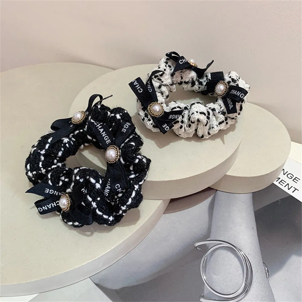 Hair Ties for Girls Women Ponytail Elastic Black White Hair Rope Pearls Bowknot Fashion Hair Accessories