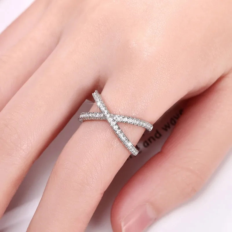 Rings for Women Simple Stylish Cross Shape Cubic Zirconia Fashion Finger Accessory Wedding Bands Statement Jewelry