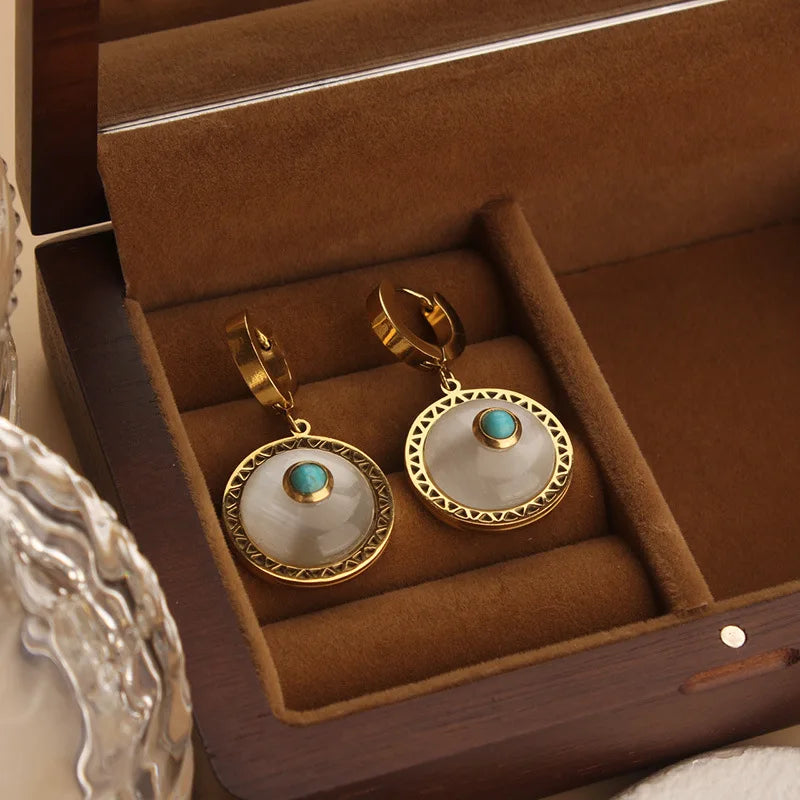 Earrings Women Ethnic Style Fashion Natural Turquoise Round Hoop Jewelry Accessories