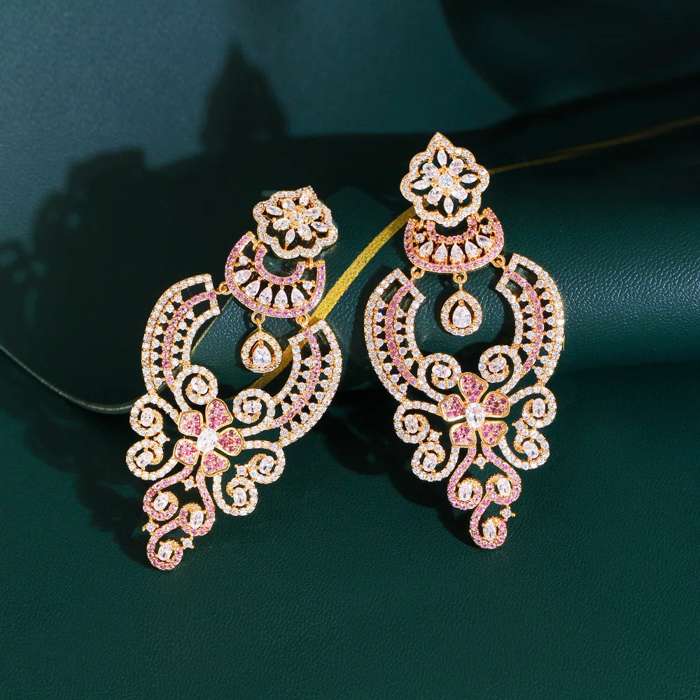 Earrings for Women Luxury Statement Pink Red Cubic Zircon Long Big  Vintage Ethnic Wedding Bridal Party Jewelry