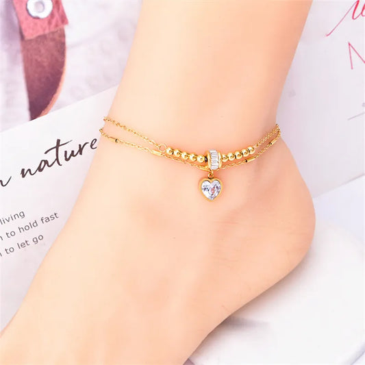 Anklet For Women 316L Stainless Steel New Fashion 2 Layer Beading Zircon Butterfly Love Heart Shape Charm Chain