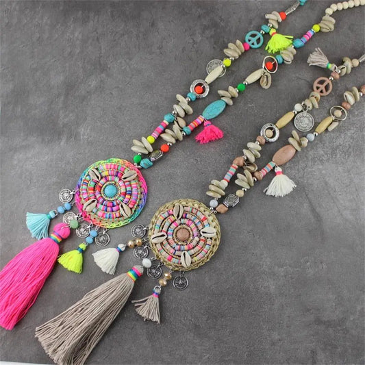 Necklace Women Handmade Bohemian Rainbow Charm Pendant Wood Stone Bead Tassel Jewelry Gift