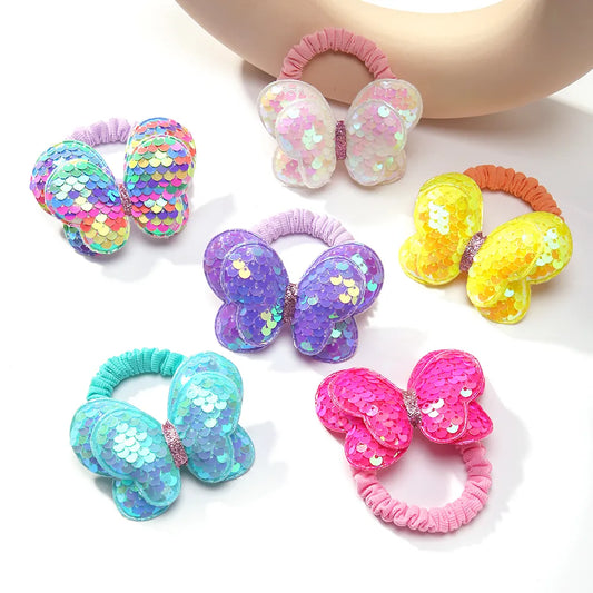 Hair Bands Children Girls Princess P2Pcs New Cute Sequin Butterfly Flowers Ponytail Elastic Hair Ties