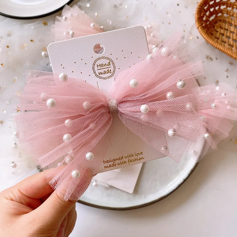 Hair Bow Clips Imitation Pearl Yarn Bow Duckbill Clip Girls