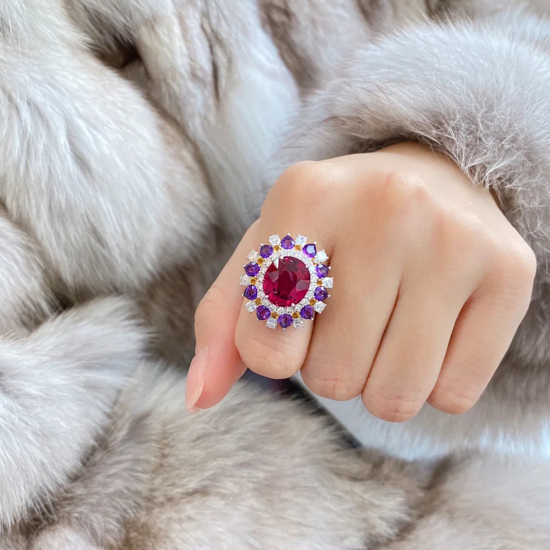 Ring for Women Luxury Gems Brilliant Amethyst Created-Rubellite White Gold Plated Fashion Jewelry