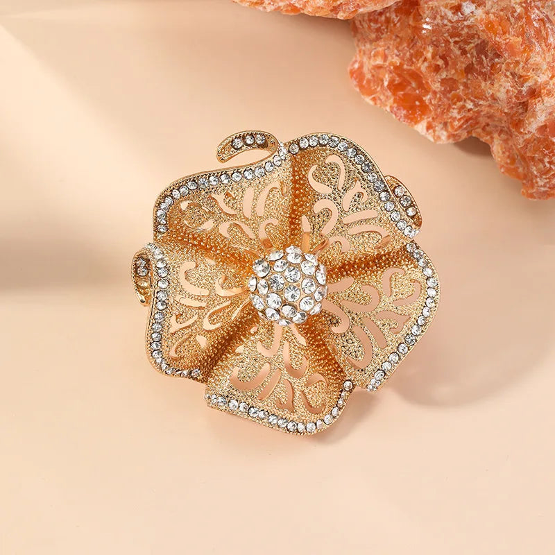 Rings For Women Luxury Big Flower Zircon Hollow Gold Color Adjustable Ring Indian Classic Jewelry