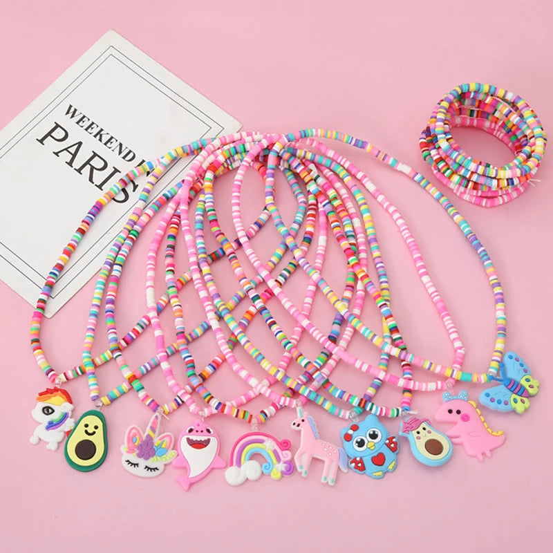 Necklace Bracelet Jewelry Sets Girls kids 2pcs/Set Clay Beads Cute Cartoon Pattern Party Birthday Jewelry