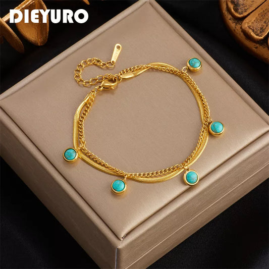 Bracelets 316 Stainless Steel Green Stone 2-Layer Charm Wrist Jewelry For Women Fashion Rustproof Gold Color