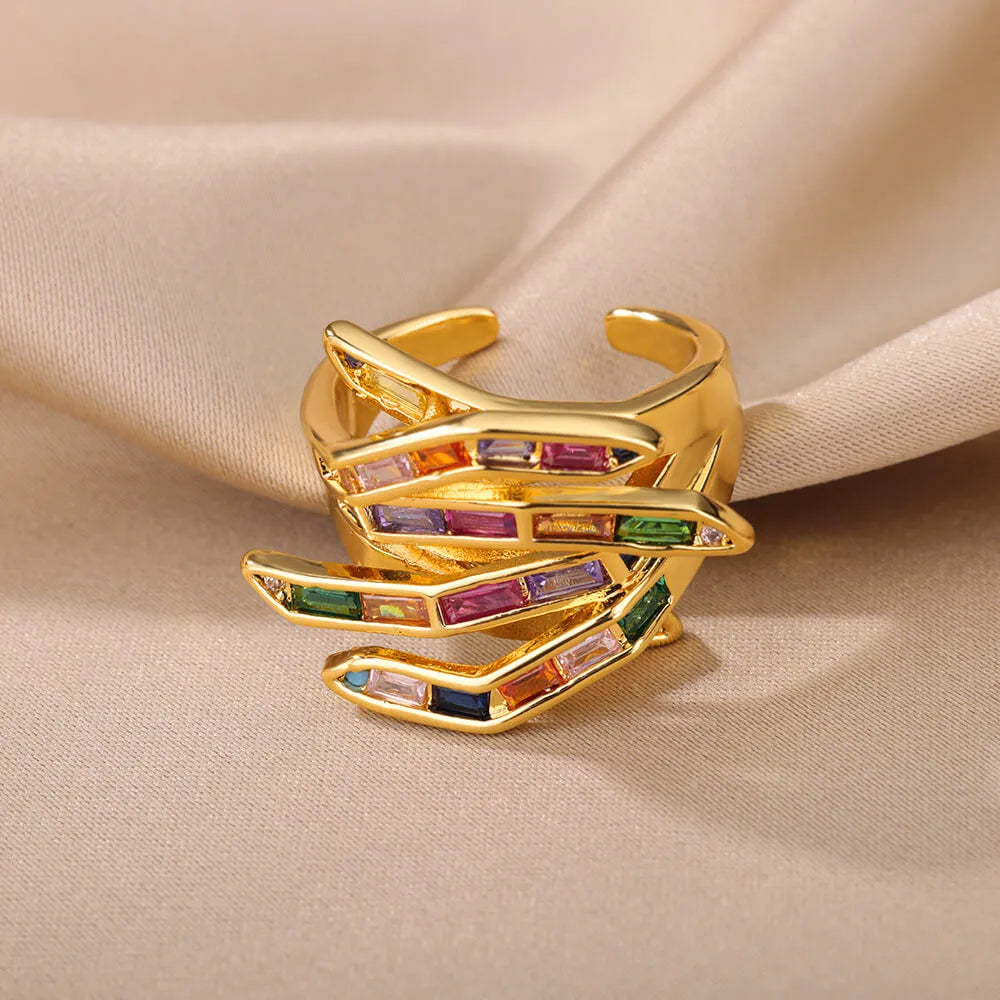 Rings For Women Colorful Rectangular Zircon Gold Color Stainless Steel Luxury Designer Jewelry