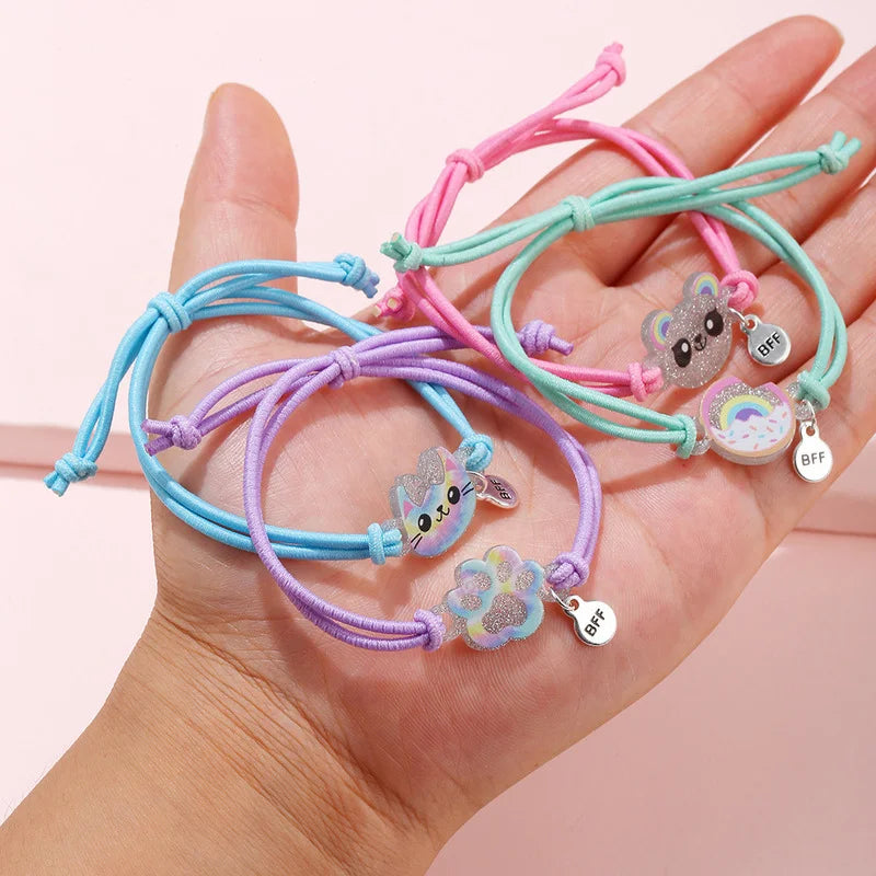 Bracelet Adjustable 4Pcs/Set Cartoon Cat Bear Shape Best Friends Charms Elastic Rope Chain Bracelets for Kids Jewelry