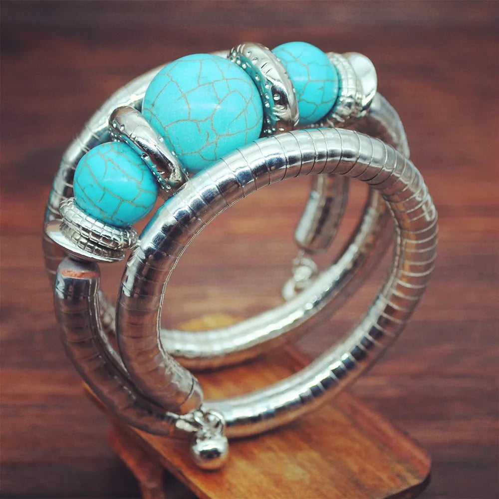 Bangle Bracelets For Women 2023 New Fashion Turquoise Snake Vintage Multilayer Metal Ethnic Jewelry