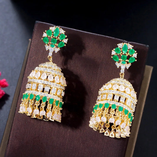 Earring for Women New Indian Jhumkas Trendy Round Shape Gold Plated Multicolor CZ Bell Long  Luxury Dubai Bridal Jewelry