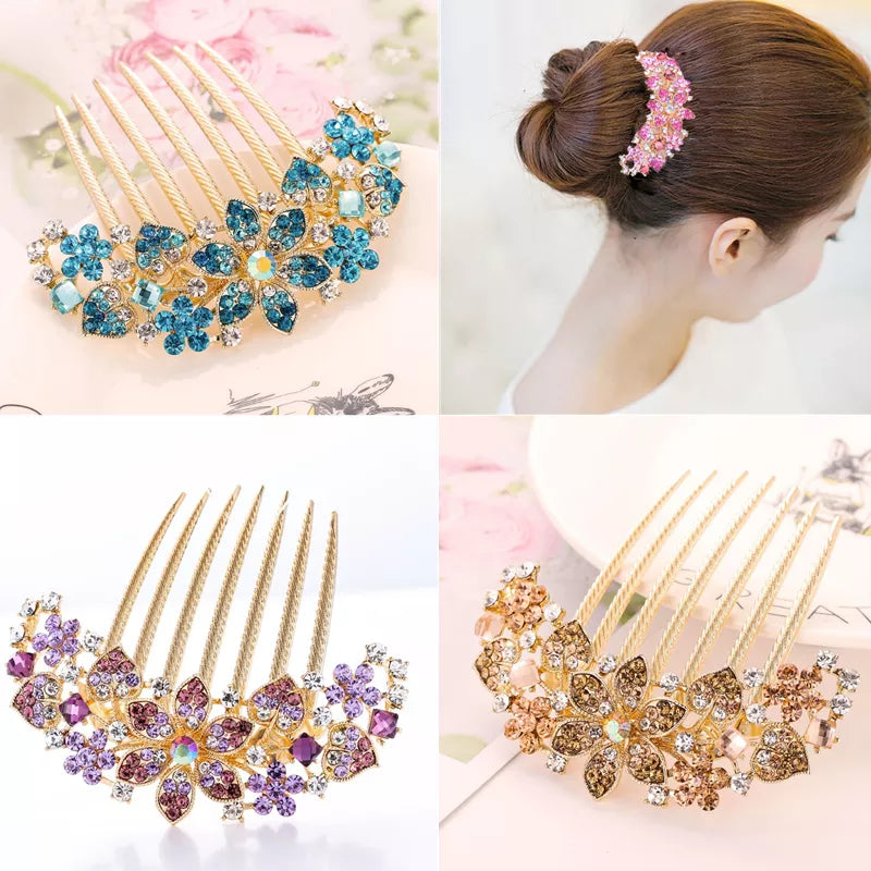 Hair Combs For Women Exquisite Seven-tooth Comb Rhinestone Hollow Out Flower Colorful Hair Ornament