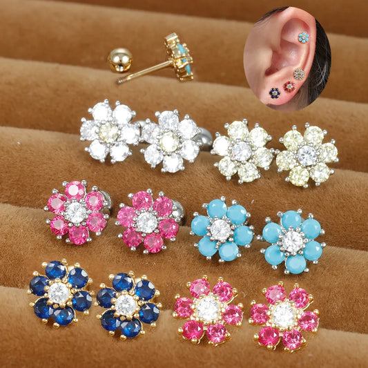 Earrings for Women 2PCS Stainless Steel CZ Crystal Minimal Piercing Small Ear Studs Cartilage Flower Earring Body Jewelry