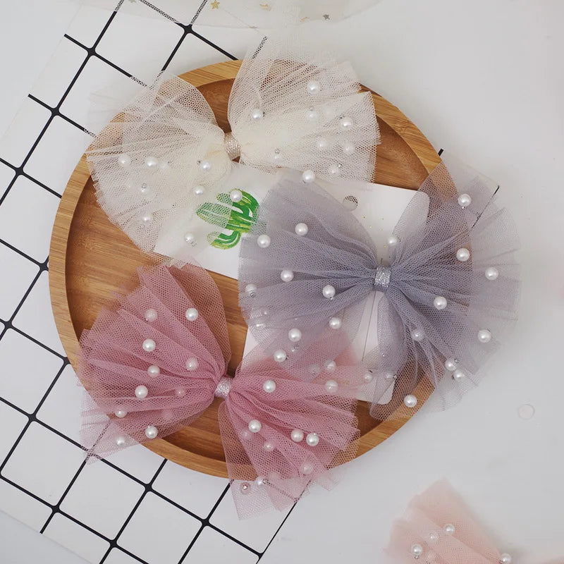 Hair Bow Clips Imitation Pearl Yarn Bow Duckbill Clip Girls