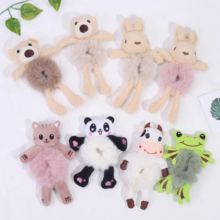 Hair Bands Girls 1PC Cute Cartoon Hair Scrunchies Panda Cows Cat Rabbit Plush Elastic Sweet Ponytail Hair Ring