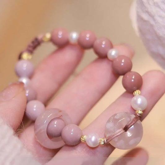 Bracelet For Women Girls New Chinese Peace Cherry Blossom Pink Pearl Jade Gift Casual Jewelry