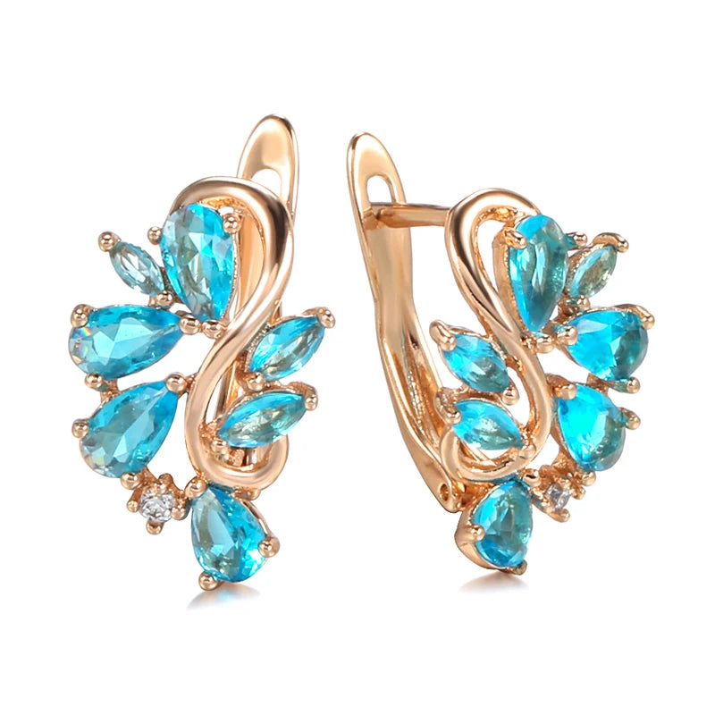 Earring Studs For Women Bright Blue Zircon 585 Rose Gold Curve Symmetrical Buckle Unique Party Jewelry