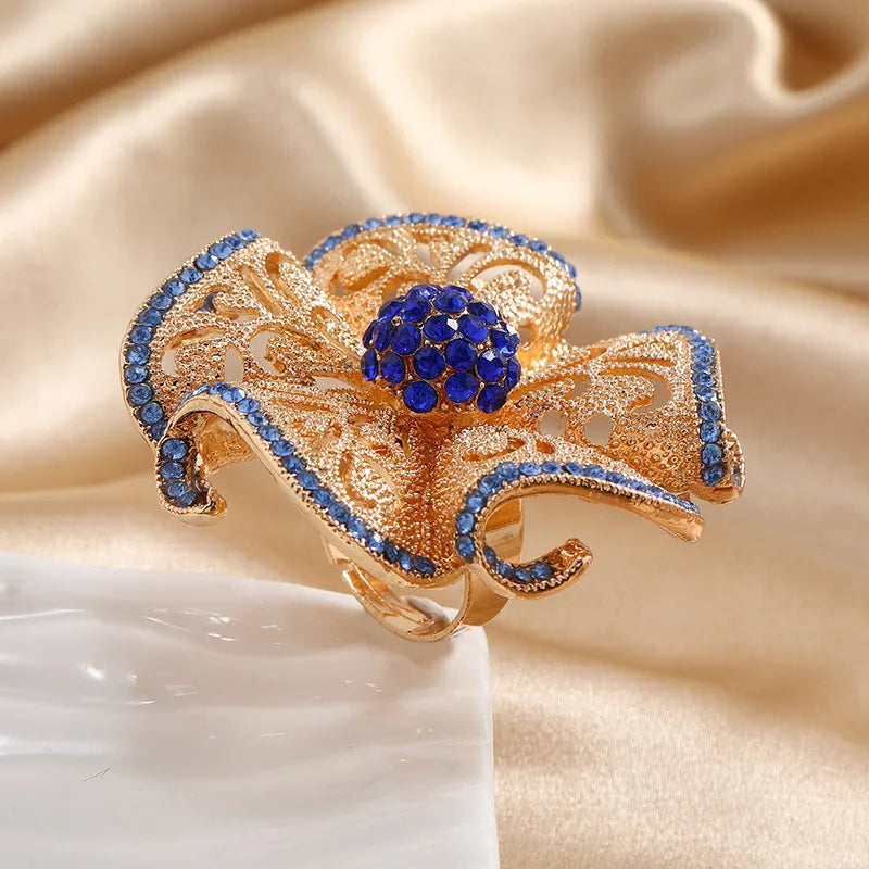 Rings For Women Luxury Big Flower Zircon Hollow Gold Color Adjustable Ring Indian Classic Jewelry