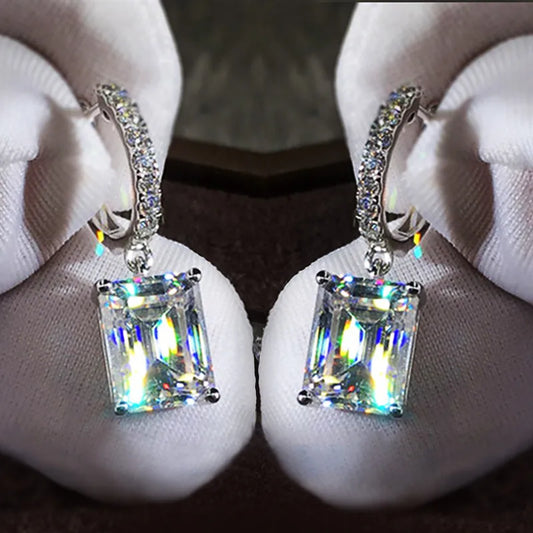 Earrings Women Drop Style Classic 4 Claws Square Shape with Small Hoop Cubic Zirconia High Quality Jewelry