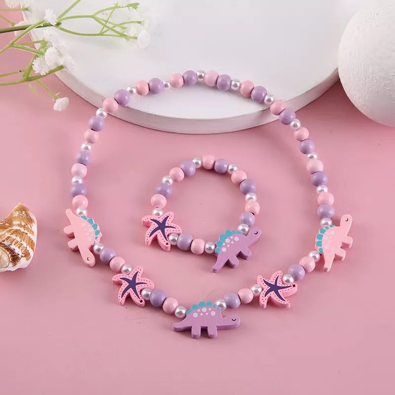 Necklace Bracelet Sets For Girls Children 2pcs Cute Cartoon Pattern Charm Natural Wooden Beads Birthday Gift Jewelry Sets