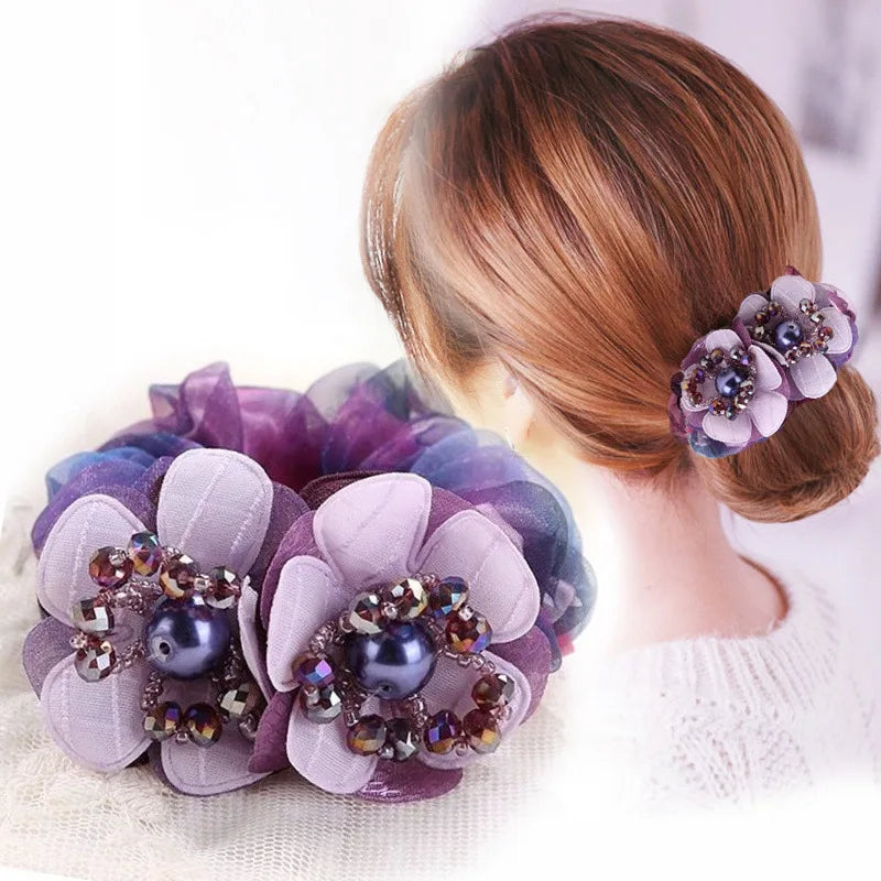 Hairband Bun Scrunchies Hair Accessories 1PC Faux Pearl Flower Hair Rope For Women High Elastic Crystal Gradient Yarn Headwear