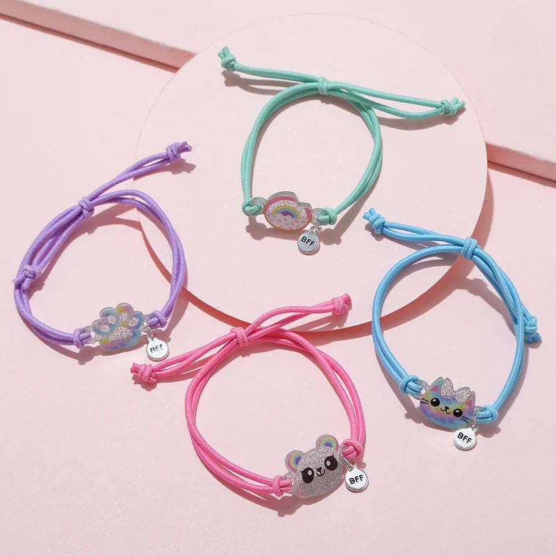 Bracelet Adjustable 4Pcs/Set Cartoon Cat Bear Shape Best Friends Charms Elastic Rope Chain Bracelets for Kids Jewelry