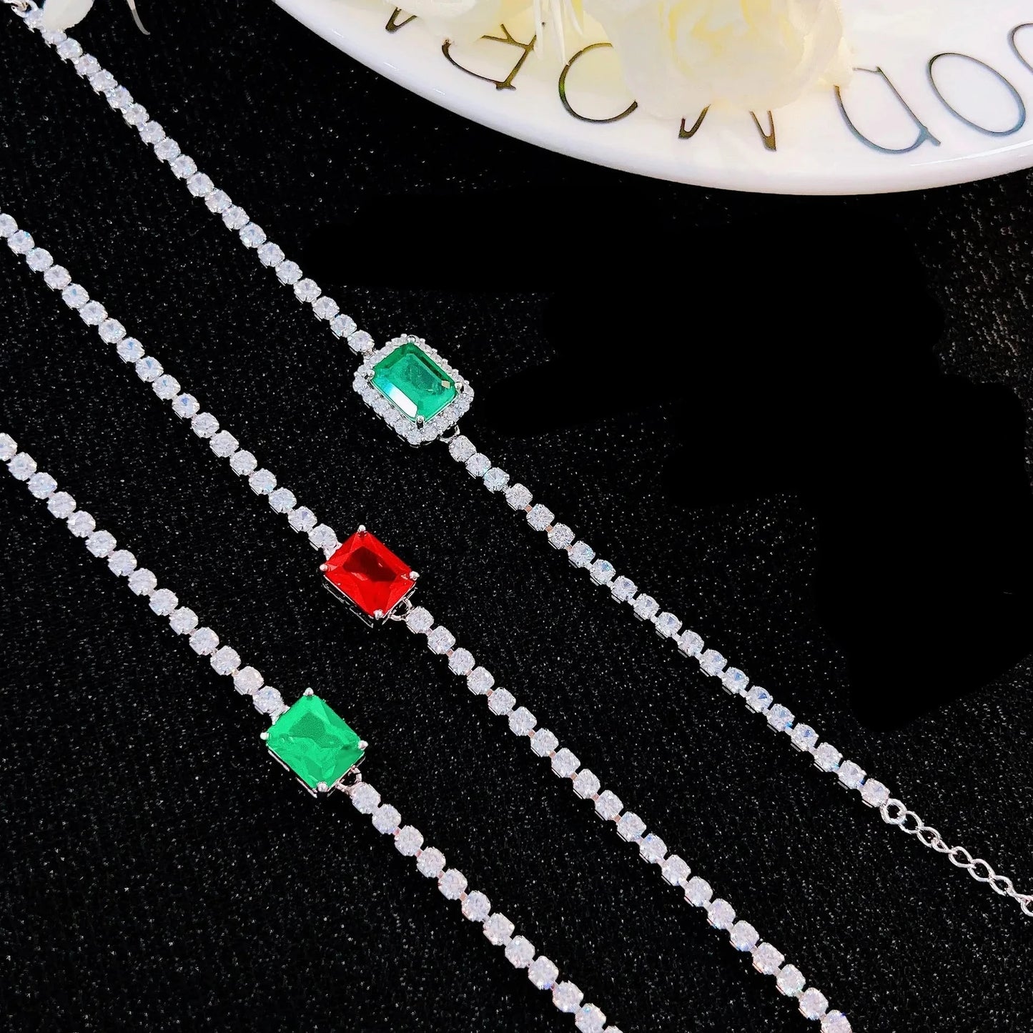 Bracelets For Women Luxury Elegant  Fashion Simulation Square Emerald Ruby Silver Color Chain Bracelet Party Gift Jewelry