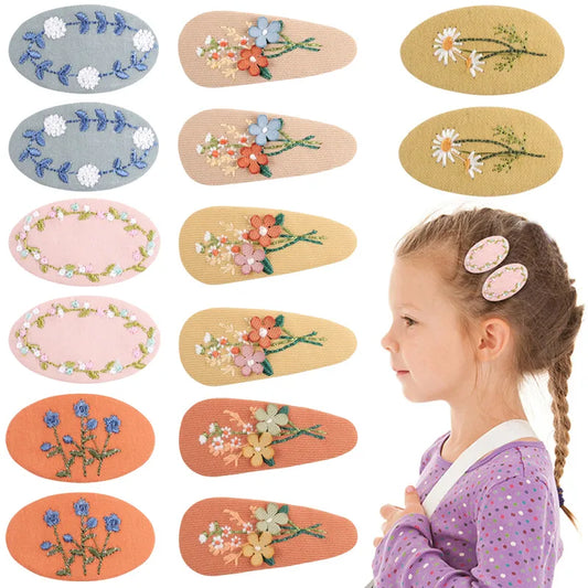 Hair Pins Children Girls 2Pcs/lot Embroidery Daisy Flower Hair Clips Geometric Vintage Headwear