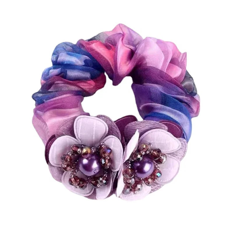 Hair Scrunchies Ties For Women Girls With Faux Pearl Crystal Flower Fashion Elastic Large Lace Headband