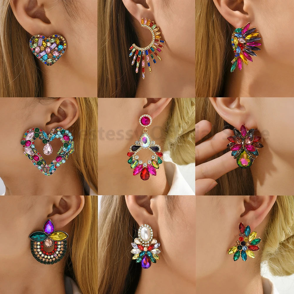 Earrings For Women Colorful Series Shiny Rhinestone Big Studs Trend Luxury Round Fashion Jewelry Girl Party Accessories