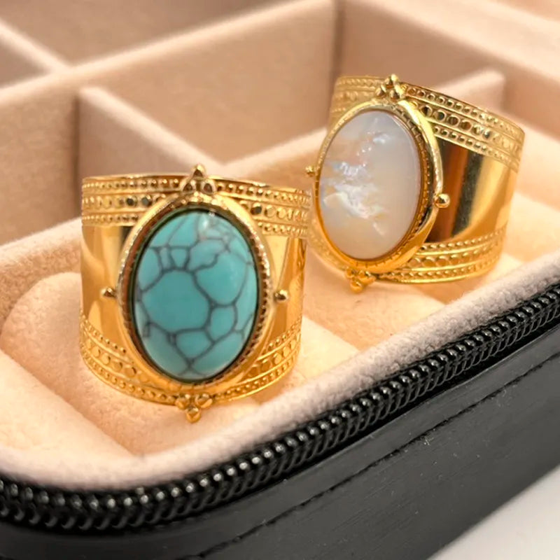 Rings for Women Luxury Turquoise Natural Stone Open 14K Gold Plated Stainless Steel Female Jewelry Party Gifts