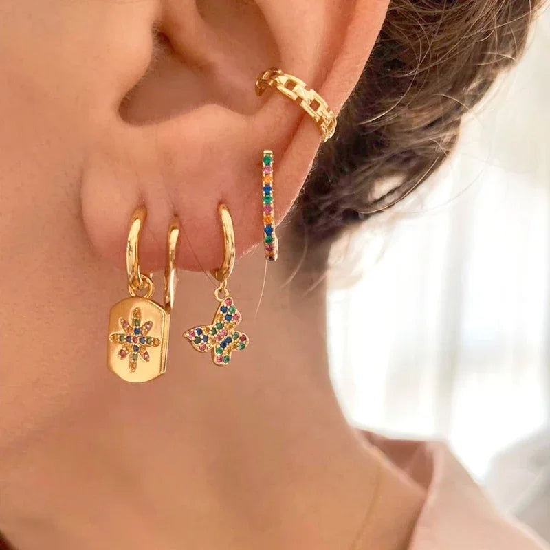 Earrings For Women Girls 925 Silver Ear Needle Hoop Flower Embossed Coin Colorful Crystal Feather Pendant Earrings Jewelry