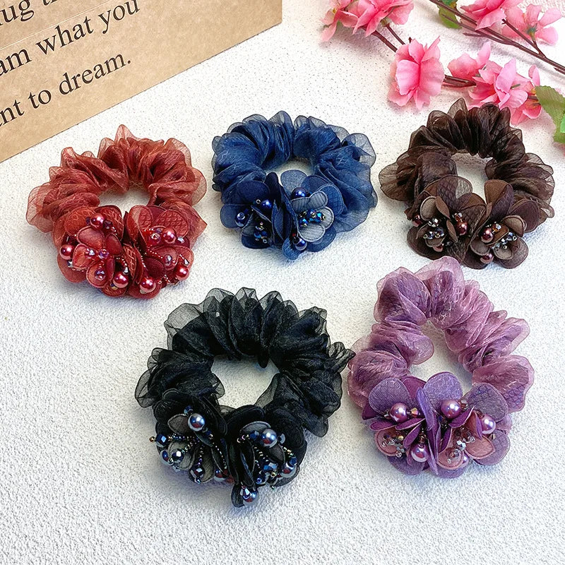 Hairband Bun Scrunchies Hair Accessories 1PC Faux Pearl Flower Hair Rope For Women High Elastic Crystal Gradient Yarn Headwear