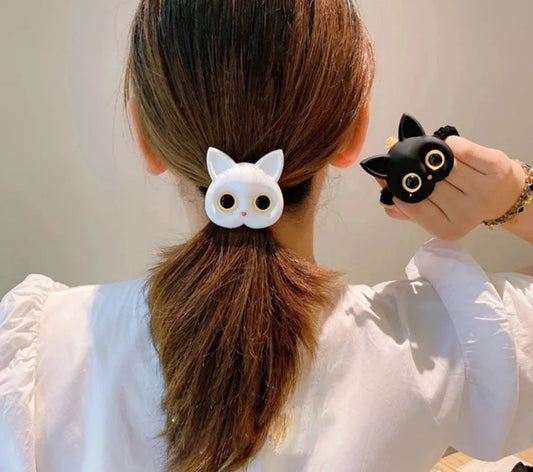 Hair Ties Kids Girls Cartoon Black White Cat Charms Cute Elastic Ponytail Holder