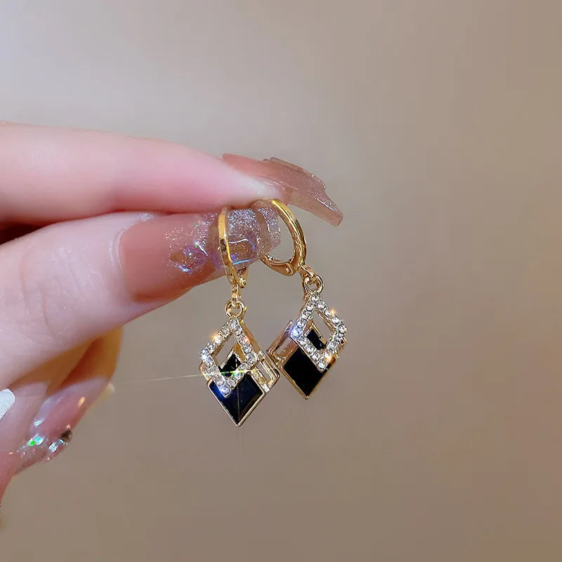 Earrings for Women Luxury Black Color Geometric Hoop Double Square Statement Rhinestone Jewelry