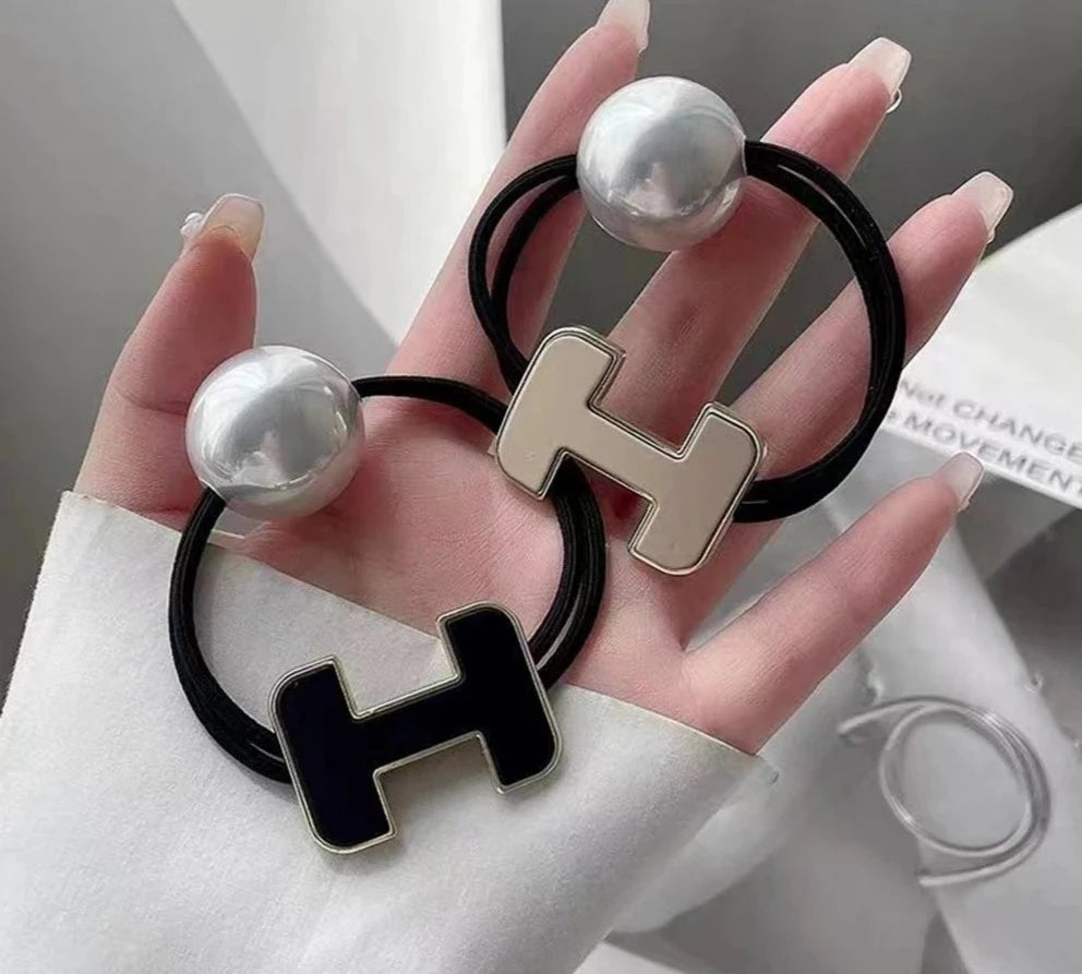 Hair Bands Women Girls Elegant Metal Letter Hair Ties With Pearl Elastic Ponytail Holder