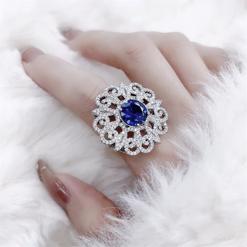 Rings For Women 925 Sterling Silver Fashion Jewelry Resizable Hollow Design Sapphire Round Shape Wedding Engagement